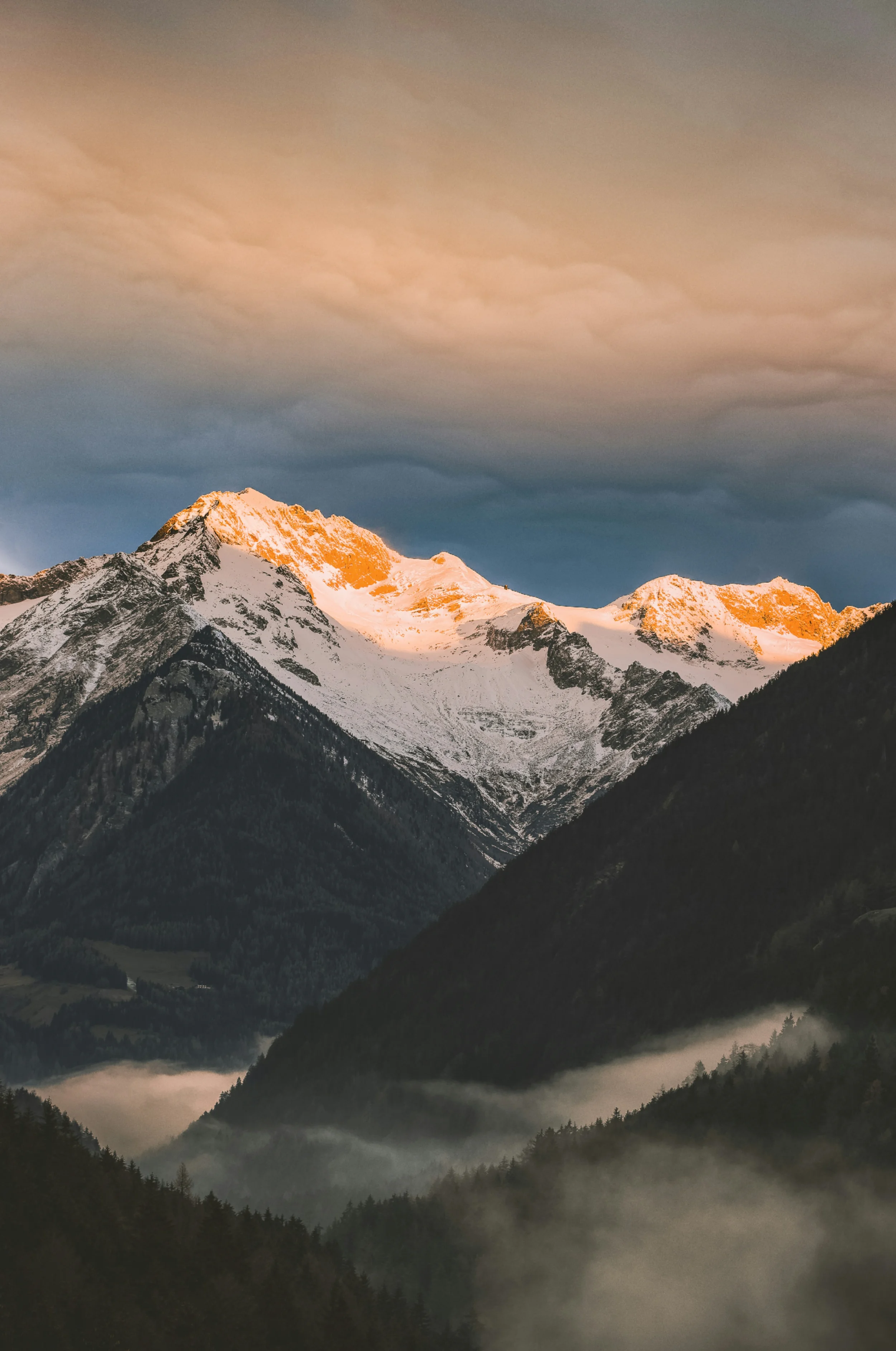 Snow capped mountain range, with the peaks glowing yellow due to the sun.